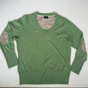 FIOR DA LISO Equestrian Riding Wool Sweater Green V-Neck Stretch Elbow Patch